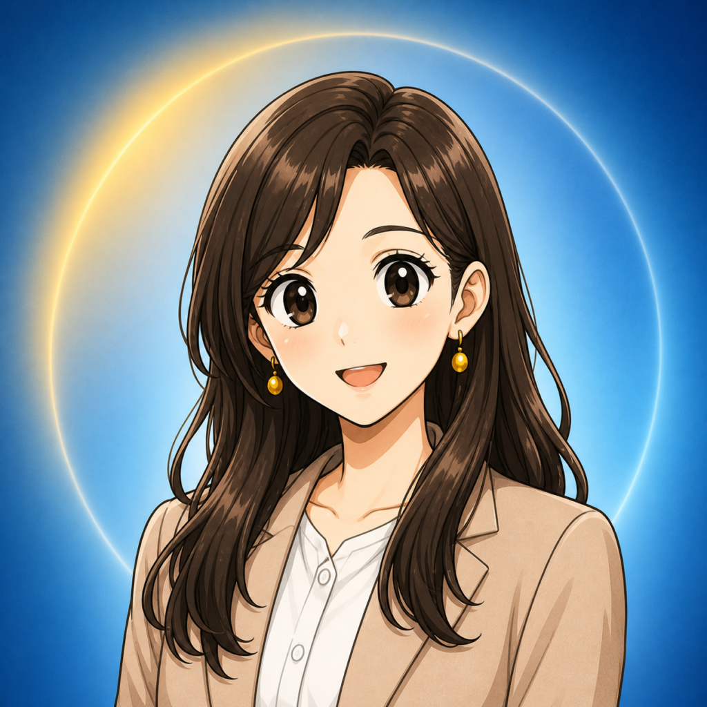 チセイちゃんのアイコン画像。ブラウンのロングヘアとベージュのジャケットが印象的な女性キャラクターが、明るく親しみやすい表情で微笑む、FX-LONG.COMの初心者案内役。