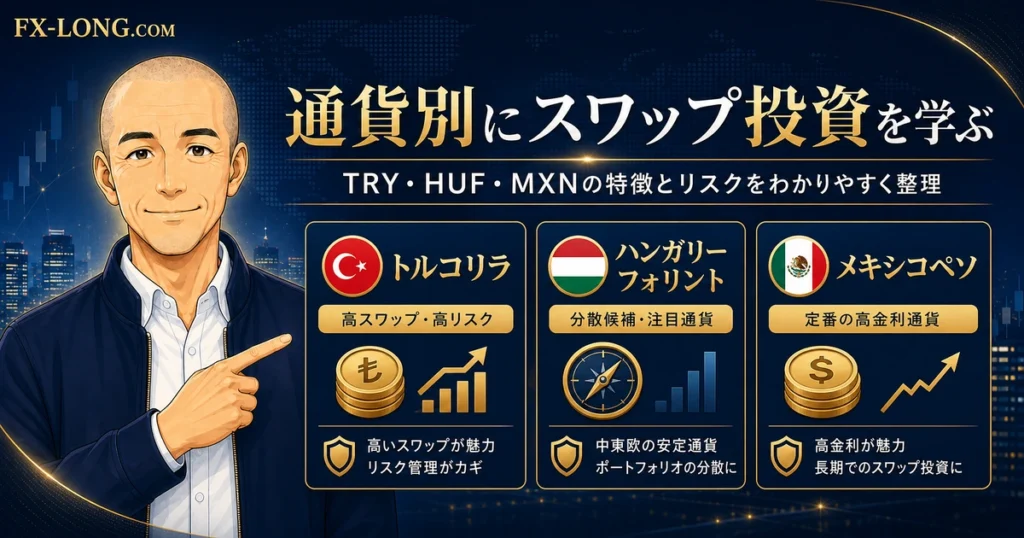 通貨別にスワップ投資を学ぶためのアイキャッチ画像。ノリスがトルコリラ、ハンガリーフォリント、メキシコペソの特徴とリスクをわかりやすく案内している。
