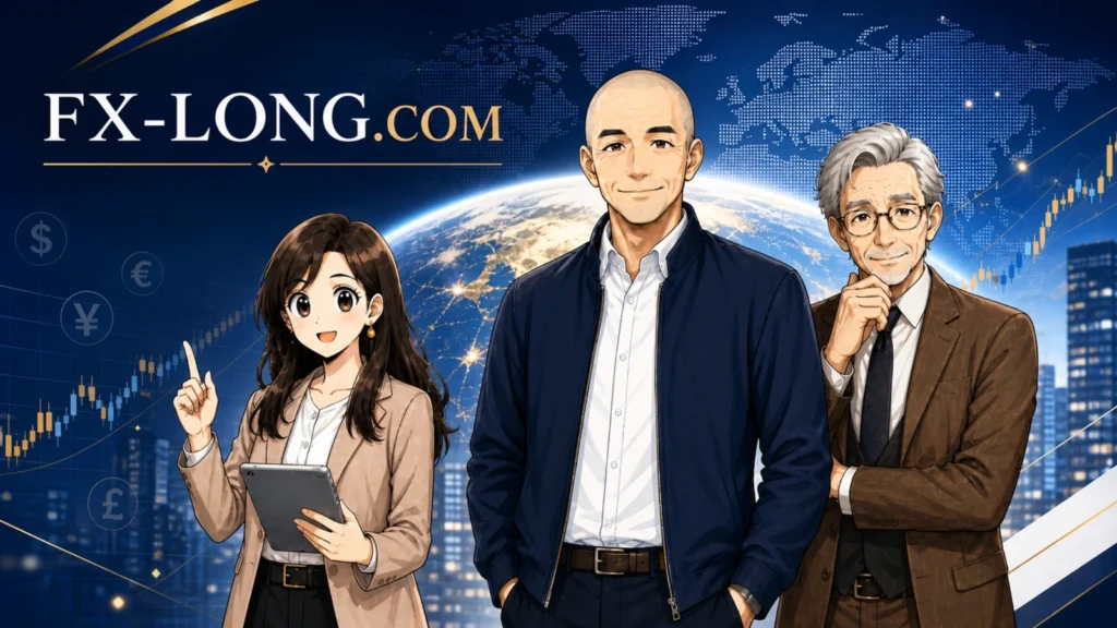 FX-LONG.COMのトップビジュアル。ノリス、チセイちゃん、石橋教授の3人が並び、通貨・為替・地政学をテーマにしたブログの世界観を表現したアイキャッチ画像