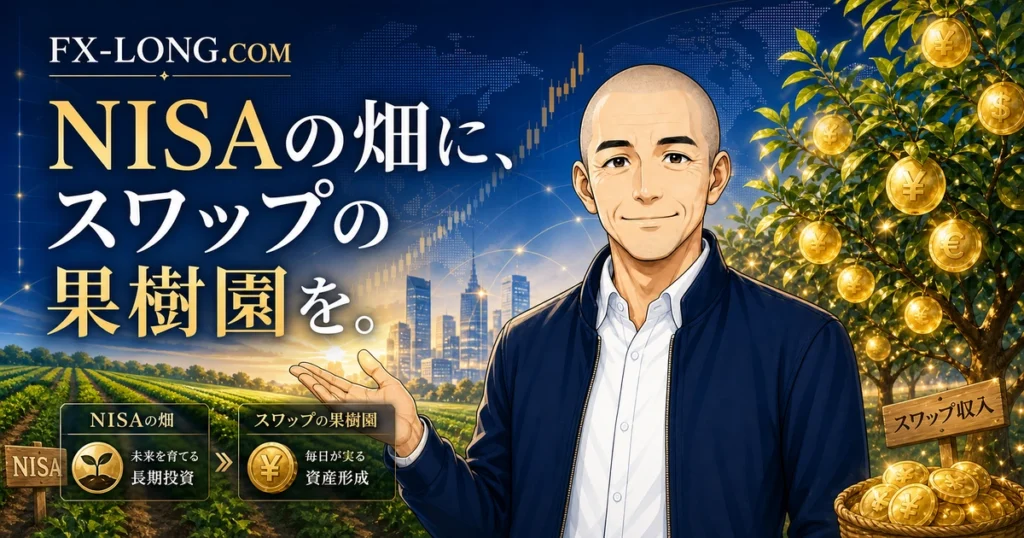 FX-LONG.COMのコンセプト画像。ノリスが「NISAの畑に、スワップの果樹園を。」というテーマを案内し、長期積立の畑と毎日実るスワップ収入の果樹園を対比して表現している。