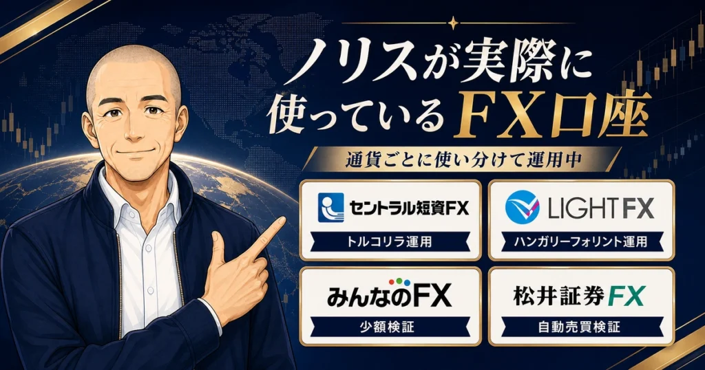 ノリスが実際に使っているFX口座を紹介するアイキャッチ画像。セントラル短資FX、LIGHT FX、みんなのFX、松井証券FXを用途別にわかりやすく整理している。