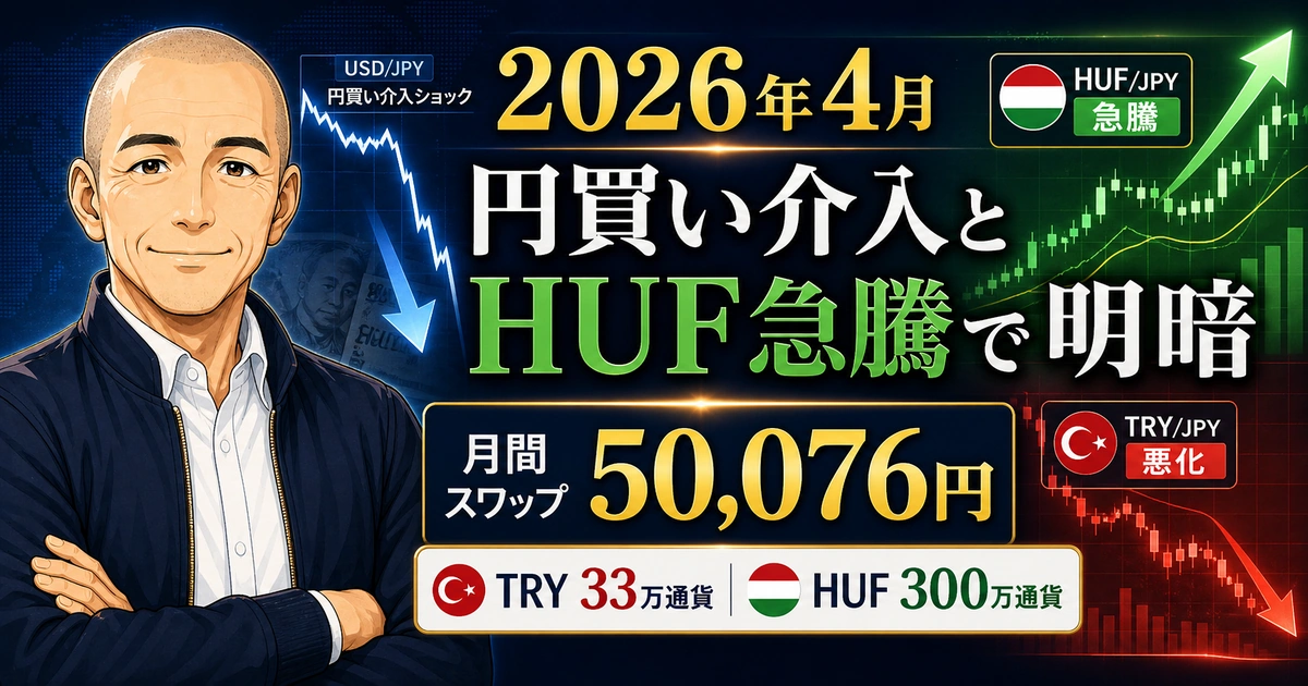 2026年4月のスワップ投資収支報告のアイキャッチ画像。円買い介入ショックとHUF急騰により、トルコリラ33万通貨とハンガリーフォリント300万通貨の運用成績に明暗が出たことを表現している。